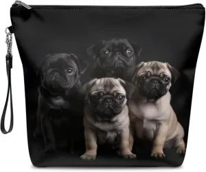 3D Pugs Cosmetic Bag for Women, Portable PU Leather Makeup Bag Satchel Bag, Waterproof Handbag Toiletry Bag with Handle