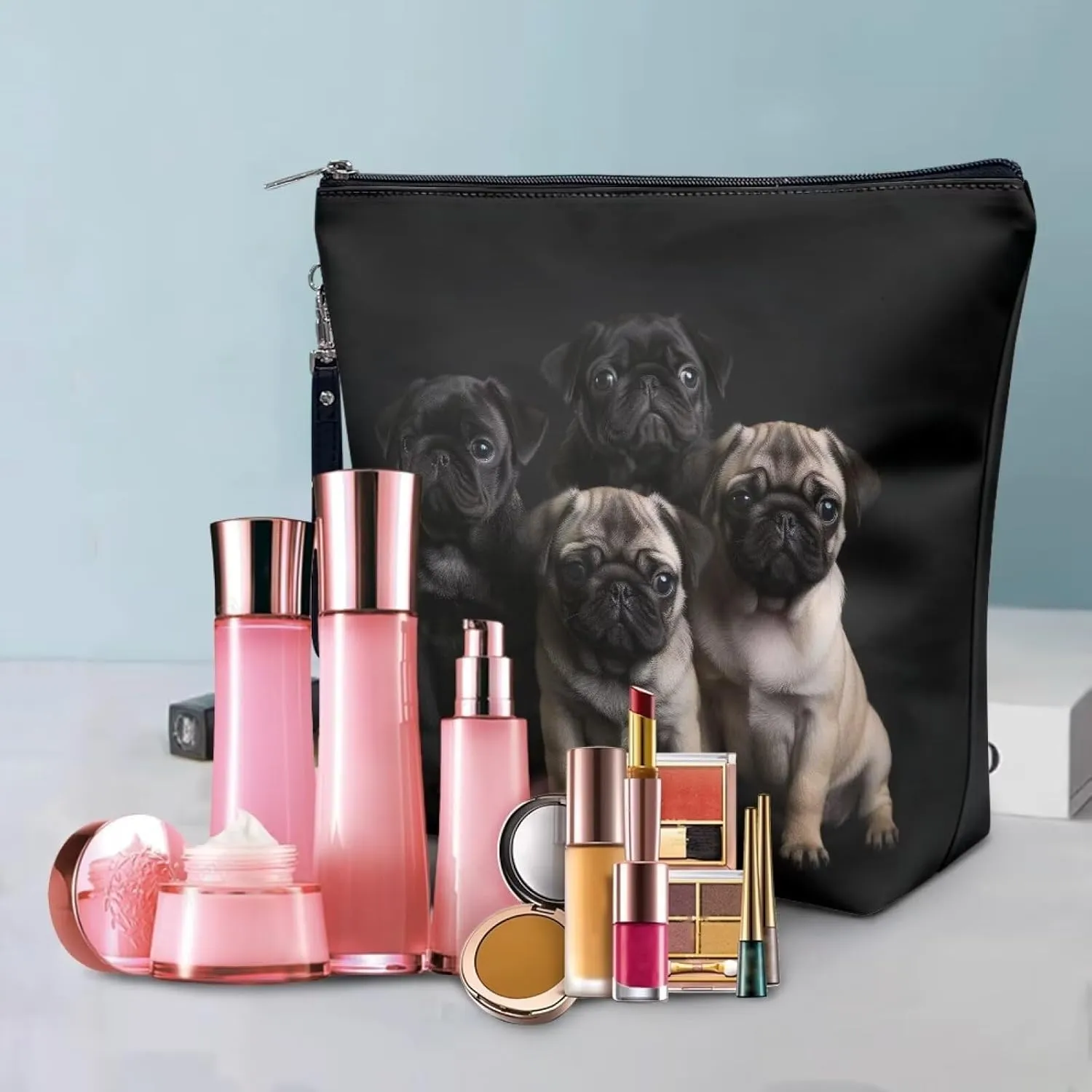 3D Pugs Cosmetic Bag for Women, Portable PU Leather Makeup Bag Satchel Bag, Waterproof Handbag Toiletry Bag with Handle