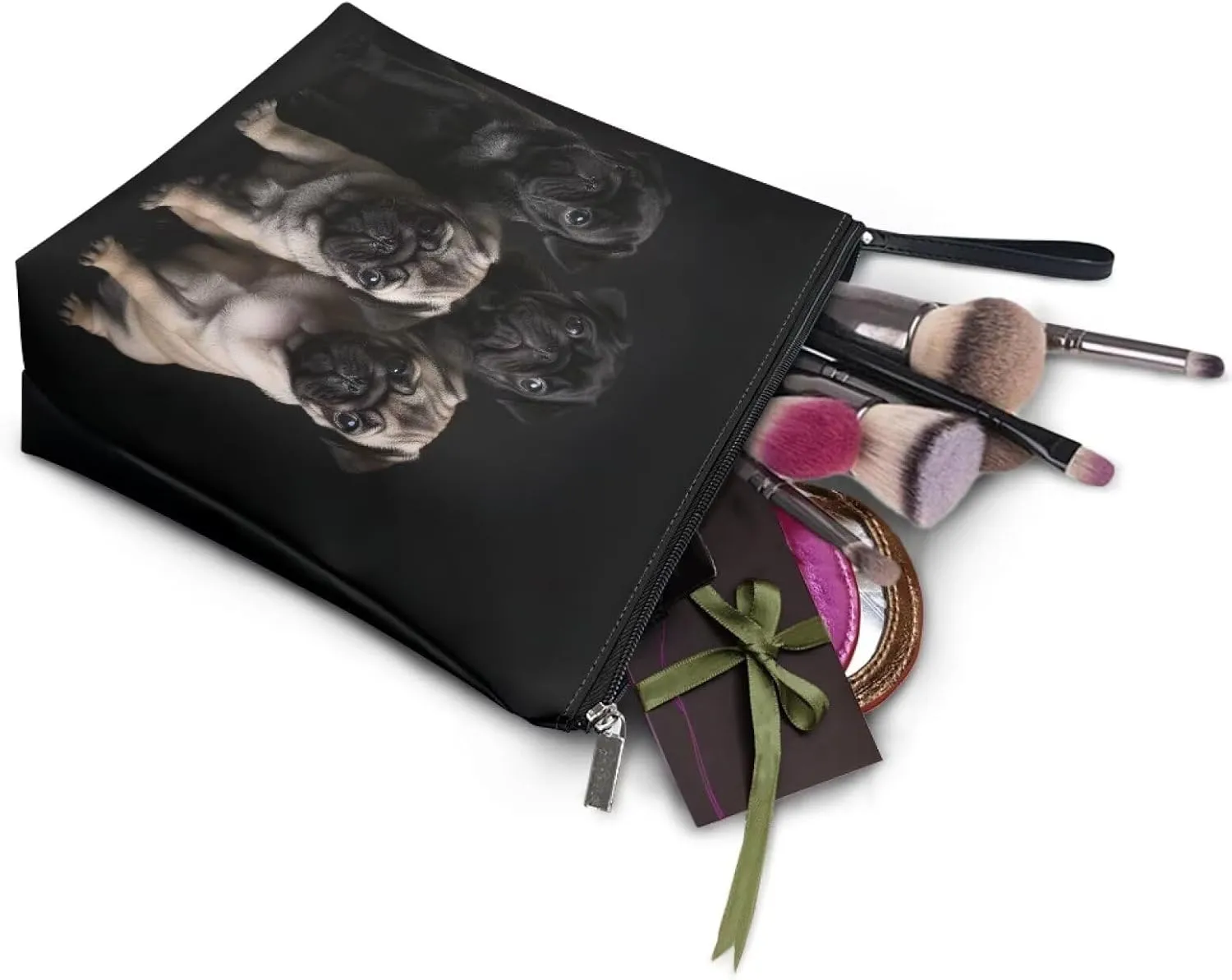 3D Pugs Cosmetic Bag for Women, Portable PU Leather Makeup Bag Satchel Bag, Waterproof Handbag Toiletry Bag with Handle