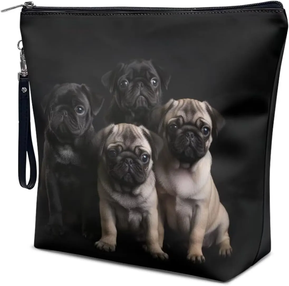 3D Pugs Cosmetic Bag for Women, Portable PU Leather Makeup Bag Satchel Bag, Waterproof Handbag Toiletry Bag with Handle