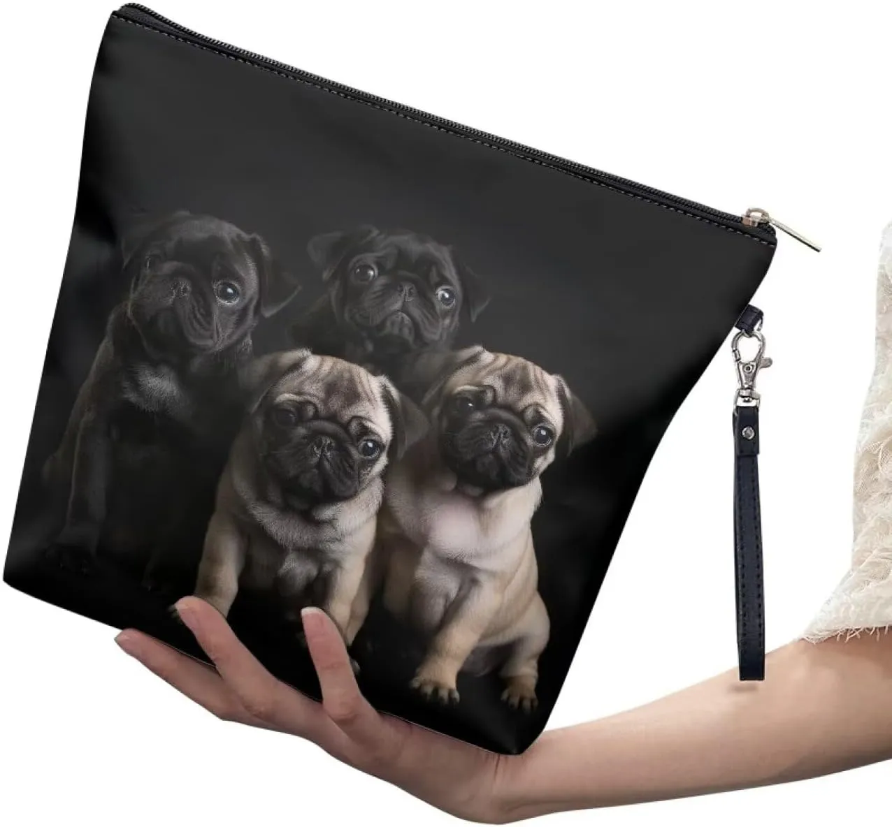 3D Pugs Cosmetic Bag for Women, Portable PU Leather Makeup Bag Satchel Bag, Waterproof Handbag Toiletry Bag with Handle