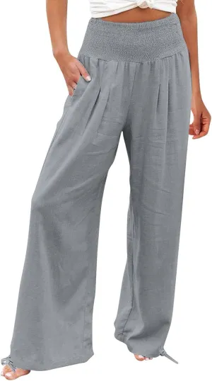 ADHOWBEW Linen Pants Womens Trendy Relaxed Fit Spring 2025 Comfy Work Dressy Elastic Waist Flowy Vacation Casual Trousers