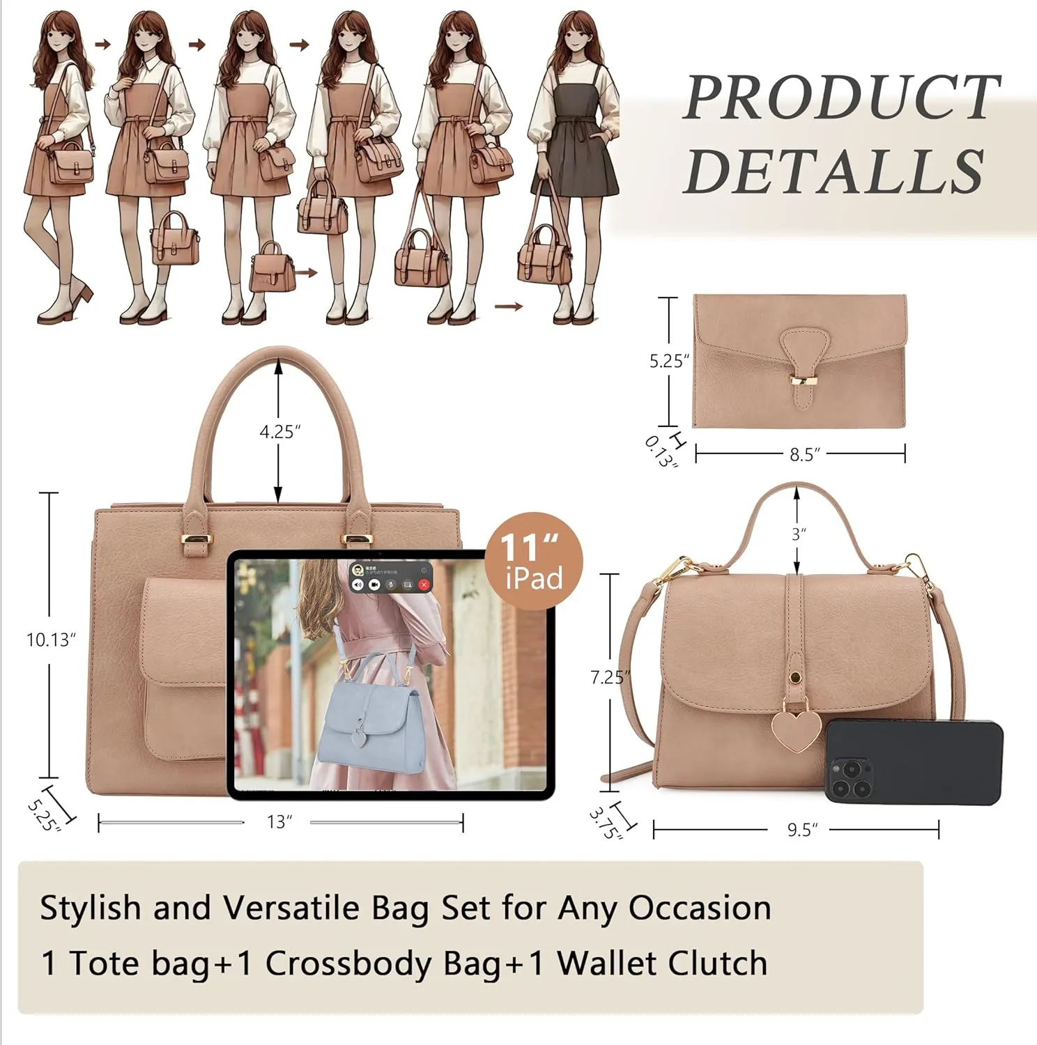 ALYSSA Tote Bag for Women Medium Crossbody Purse Shoulder Bag Top Handle Satchel Cute Wallet 3Pcs Handbags Set Gift