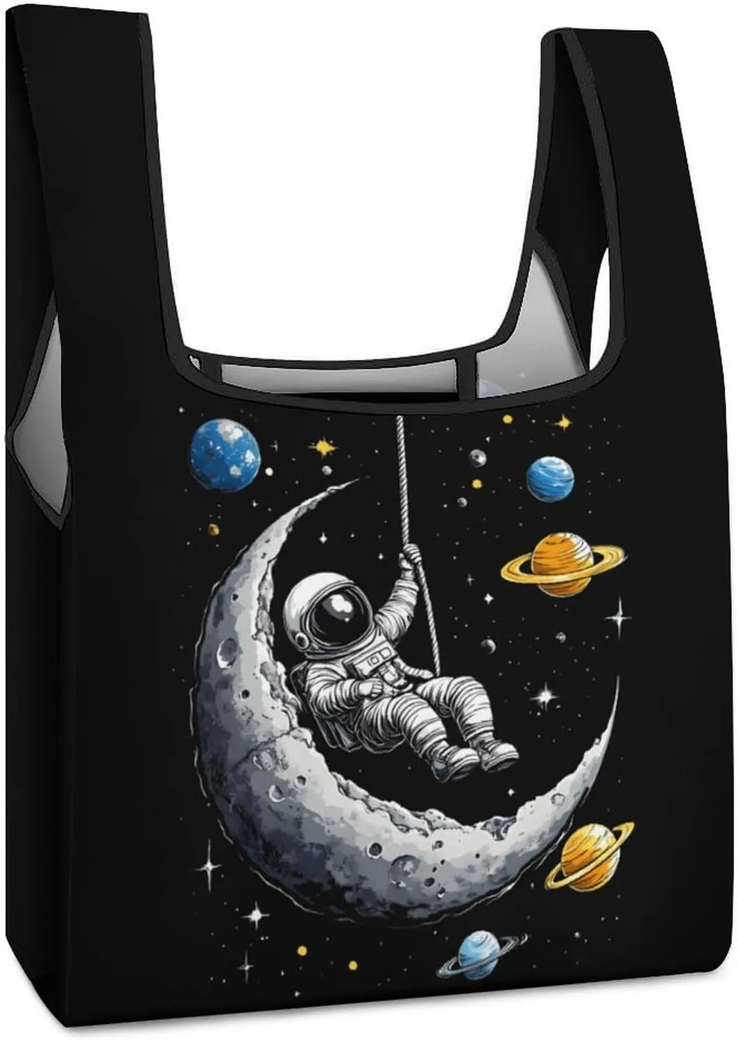 Astronaut Moon Swing Planets Spacees Galaxy Shopping Bags Reusable Grocery Bag Lightweight Tote Bags Holiday Bags with Handles