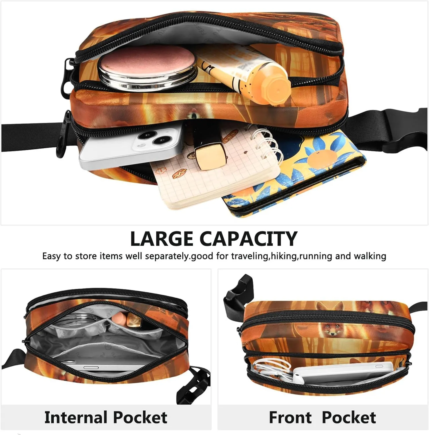 Autumn Forest Foxes Waterproof Women Fanny Packs Anti Theft Belt Bag Flower Crossbody Waist Bag