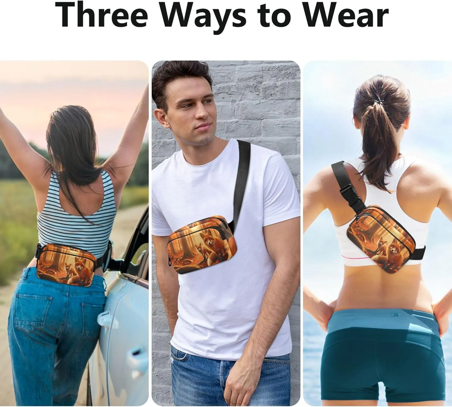 Autumn Forest Foxes Waterproof Women Fanny Packs Anti Theft Belt Bag Flower Crossbody Waist Bag