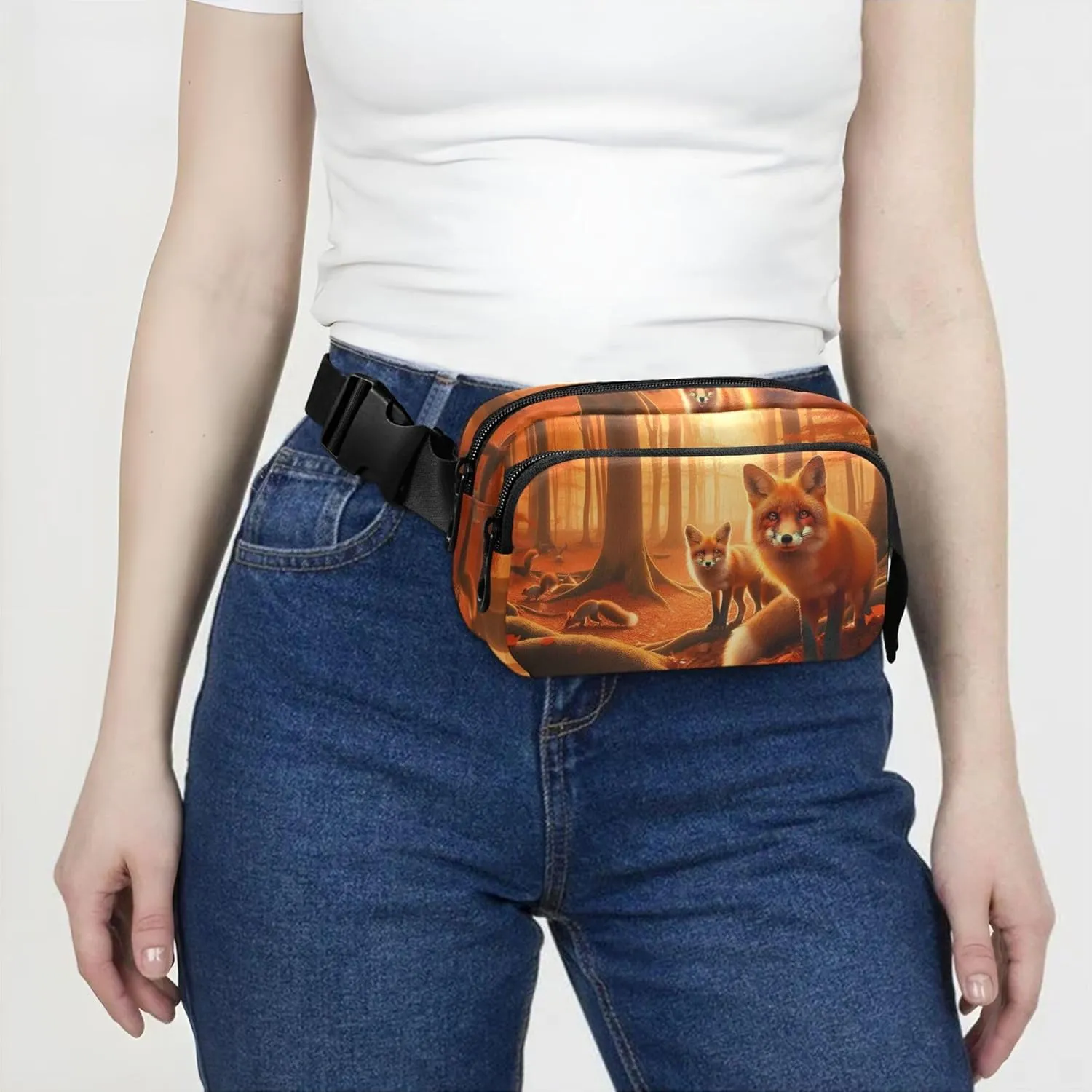 Autumn Forest Foxes Waterproof Women Fanny Packs Anti Theft Belt Bag Flower Crossbody Waist Bag