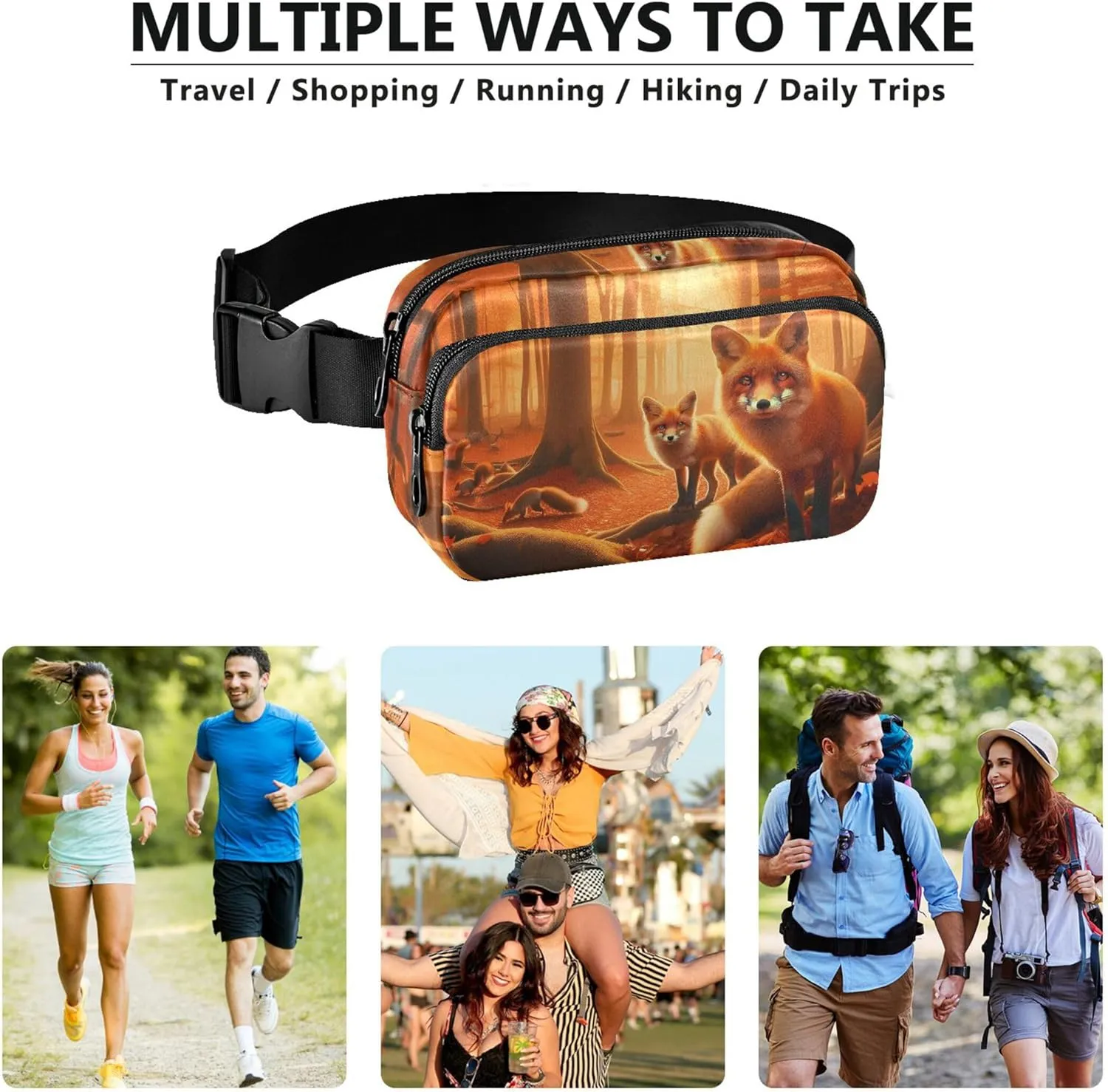 Autumn Forest Foxes Waterproof Women Fanny Packs Anti Theft Belt Bag Flower Crossbody Waist Bag