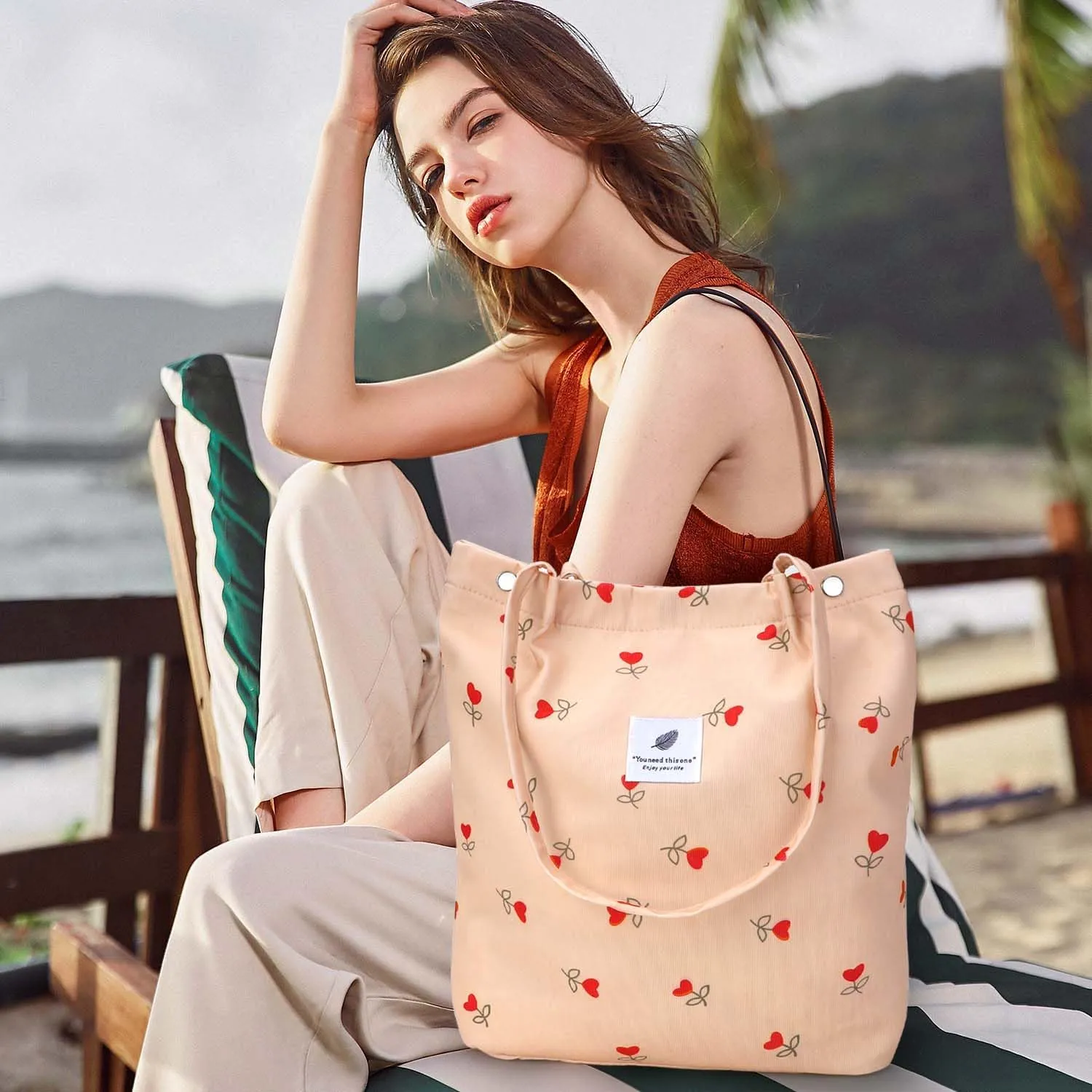 Ayieyill Corduroy Tote Bag for Women Canvas Shoulder Cord Purse with Inner Pocket