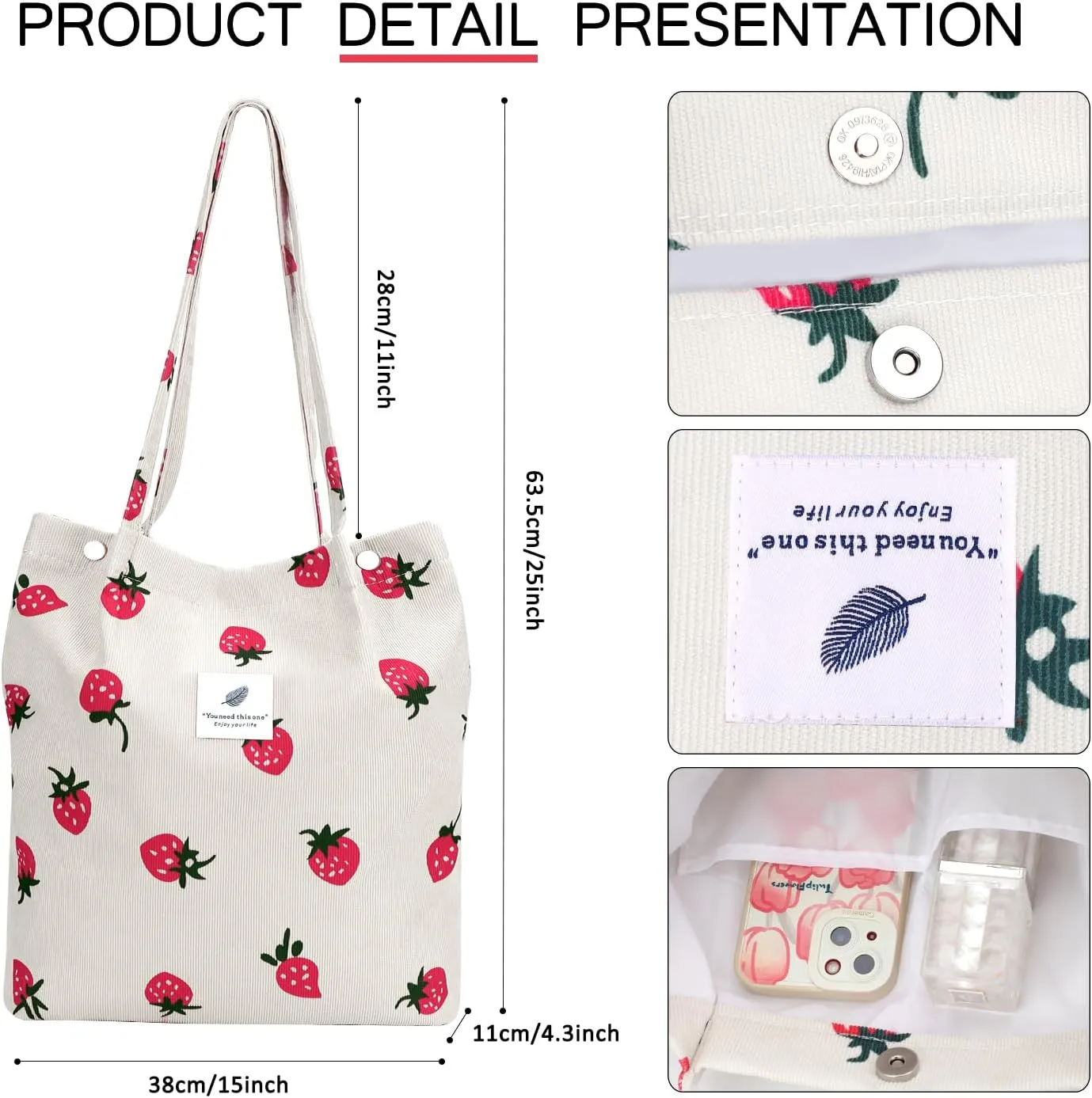Ayieyill Corduroy Tote Bag for Women Canvas Shoulder Cord Purse with Inner Pocket