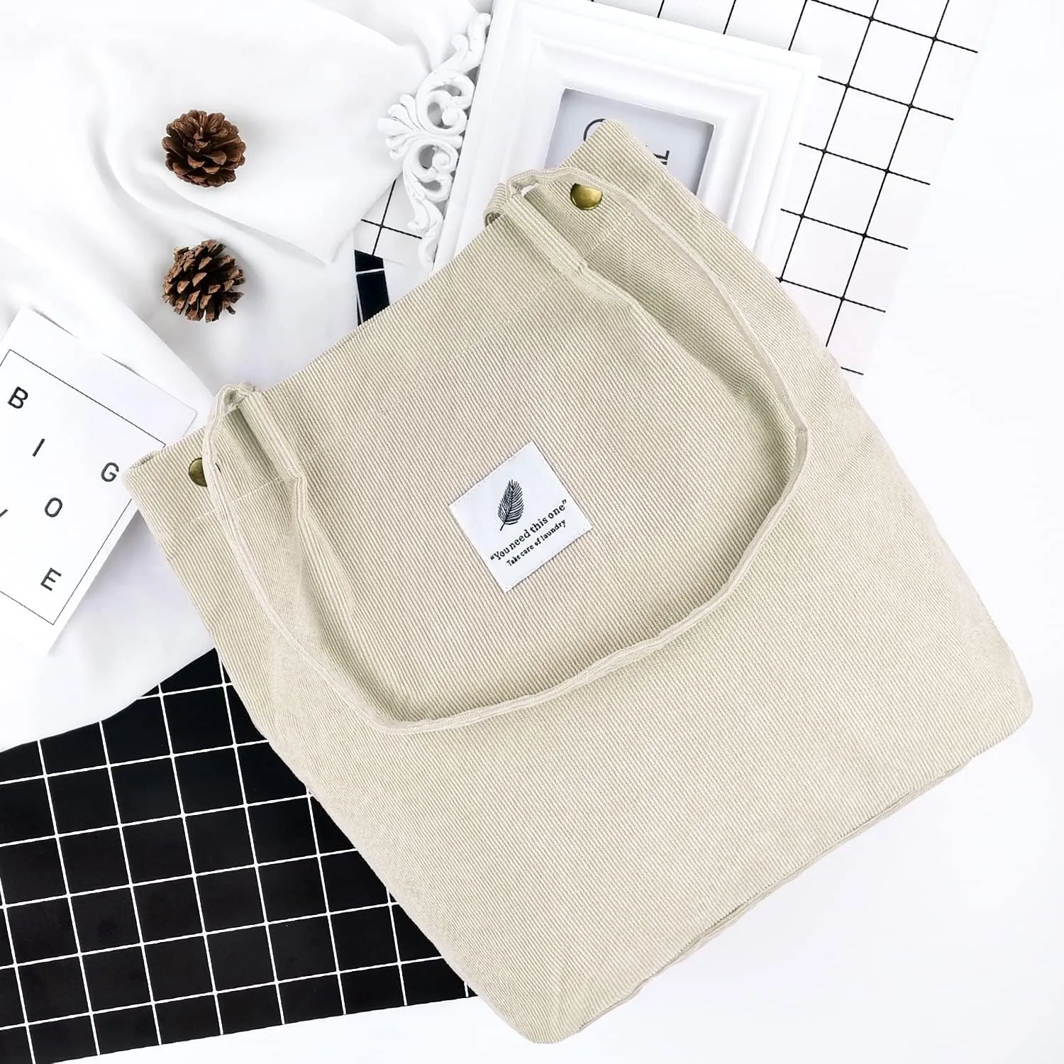 Ayieyill Corduroy Tote Bag for Women Canvas Shoulder Cord Purse with Inner Pocket