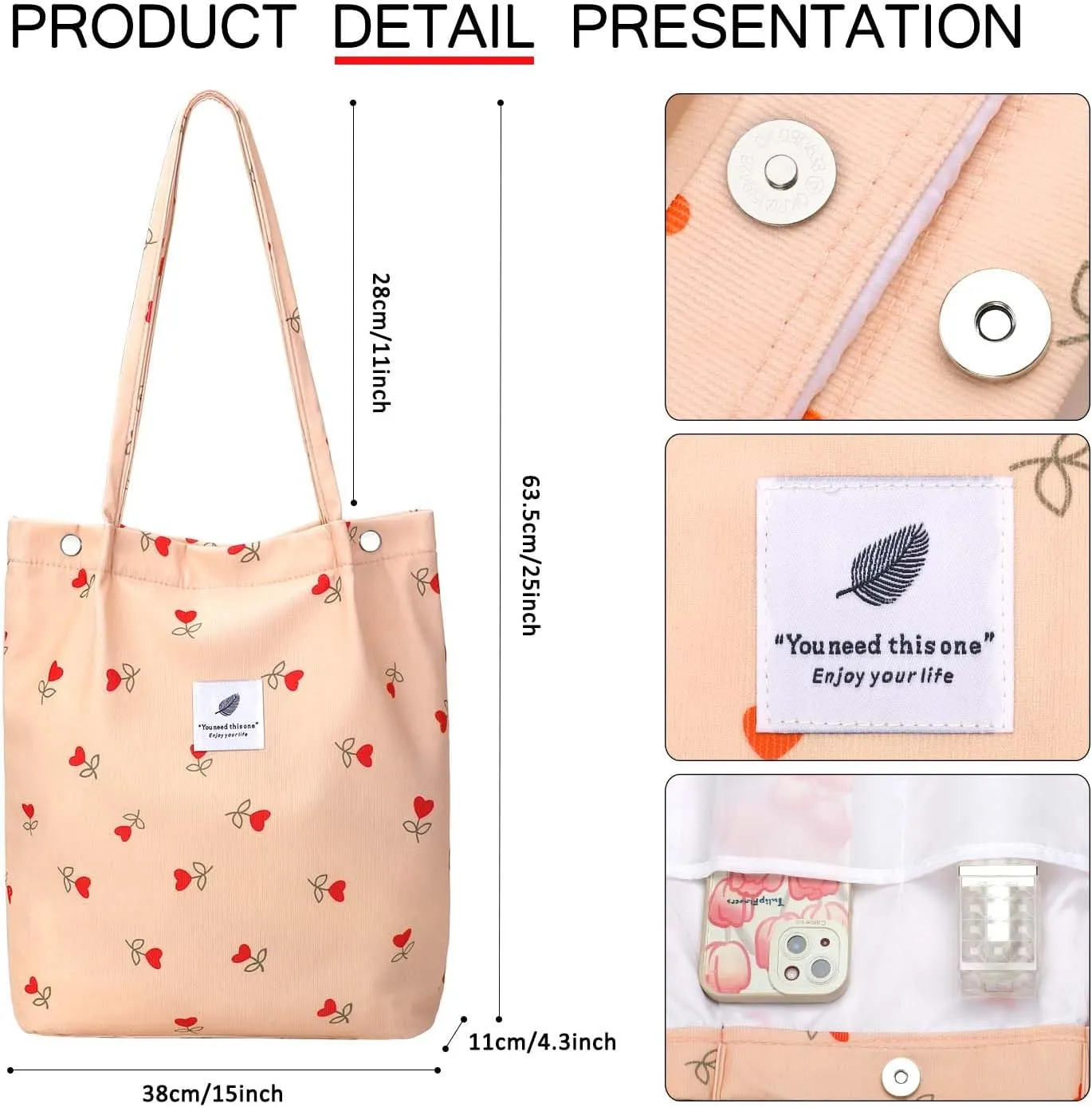 Ayieyill Corduroy Tote Bag for Women Canvas Shoulder Cord Purse with Inner Pocket
