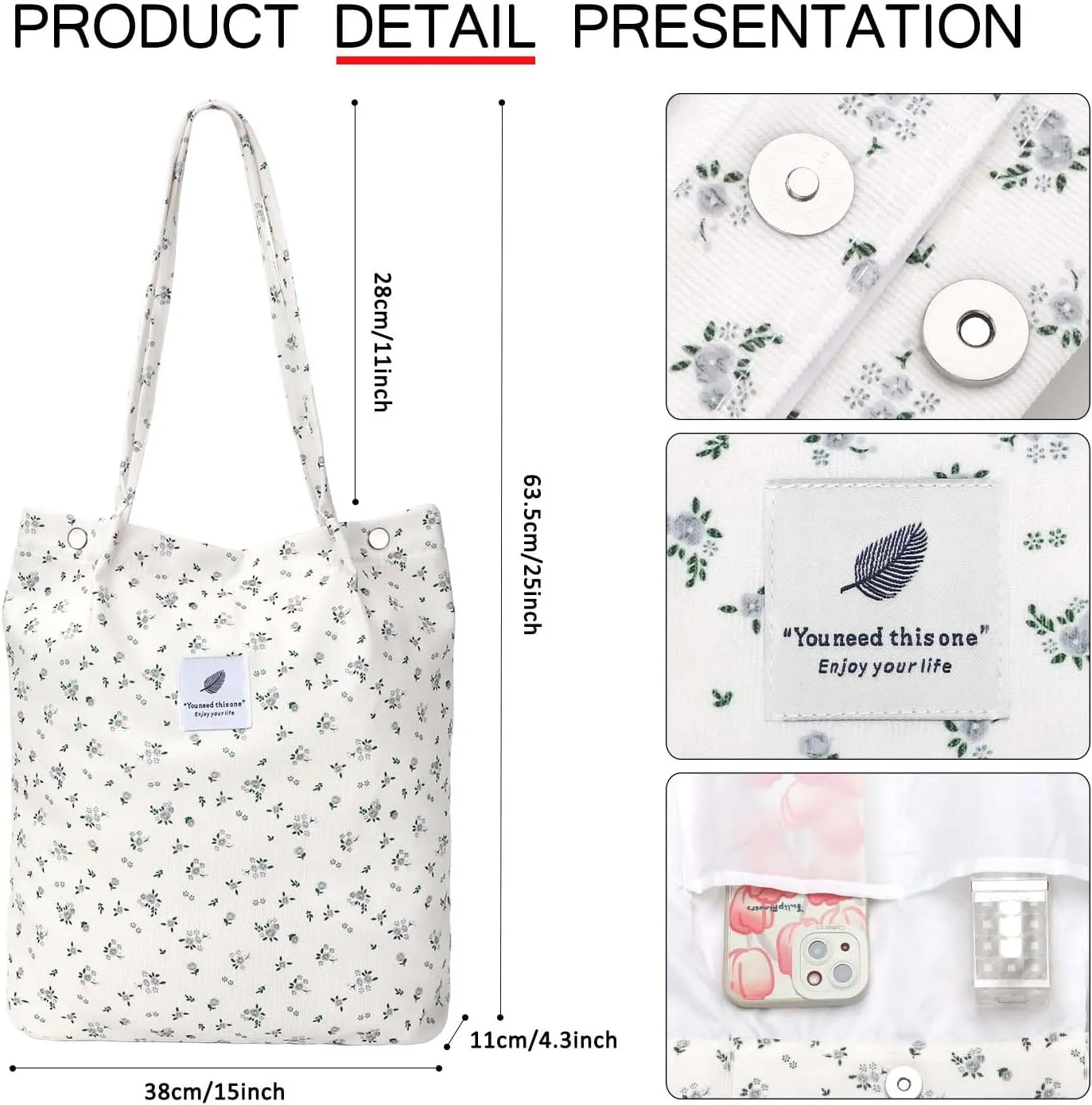 Ayieyill Corduroy Tote Bag for Women Canvas Shoulder Cord Purse with Inner Pocket