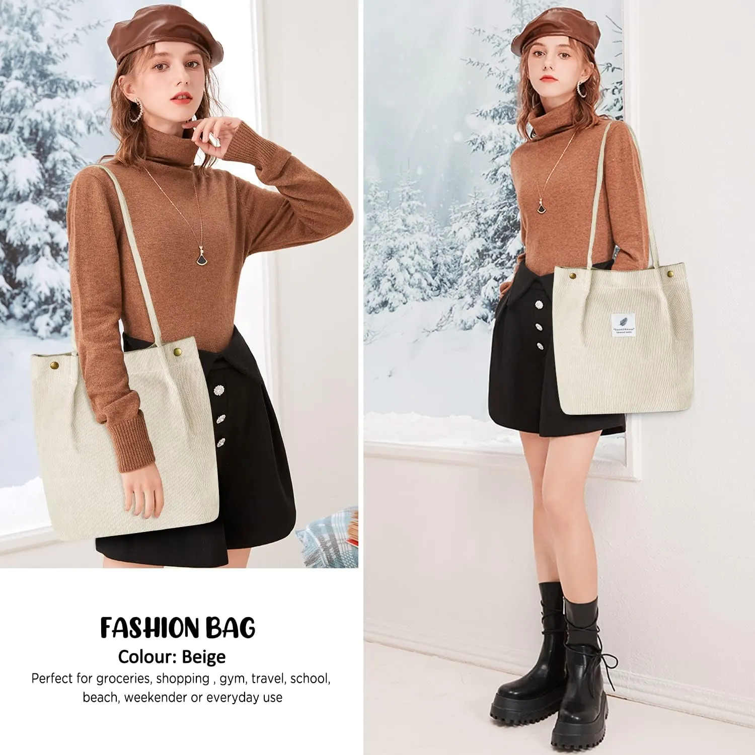 Ayieyill Corduroy Tote Bag for Women Canvas Shoulder Cord Purse with Inner Pocket