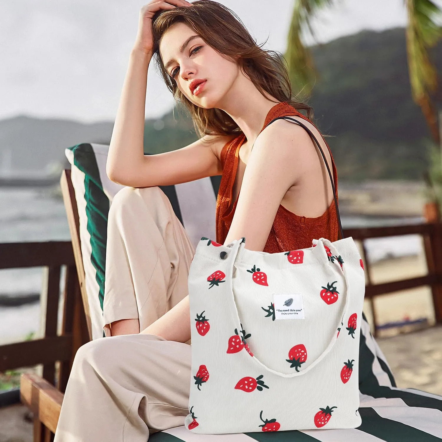 Ayieyill Corduroy Tote Bag for Women Canvas Shoulder Cord Purse with Inner Pocket