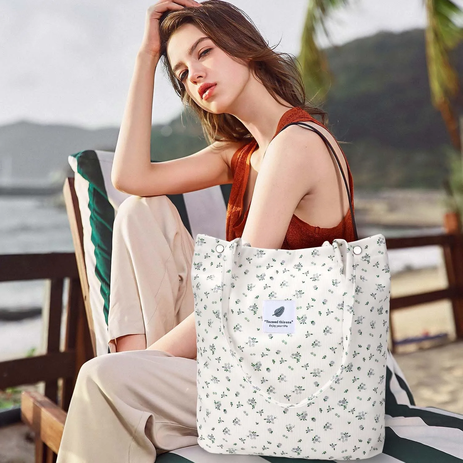 Ayieyill Corduroy Tote Bag for Women Canvas Shoulder Cord Purse with Inner Pocket