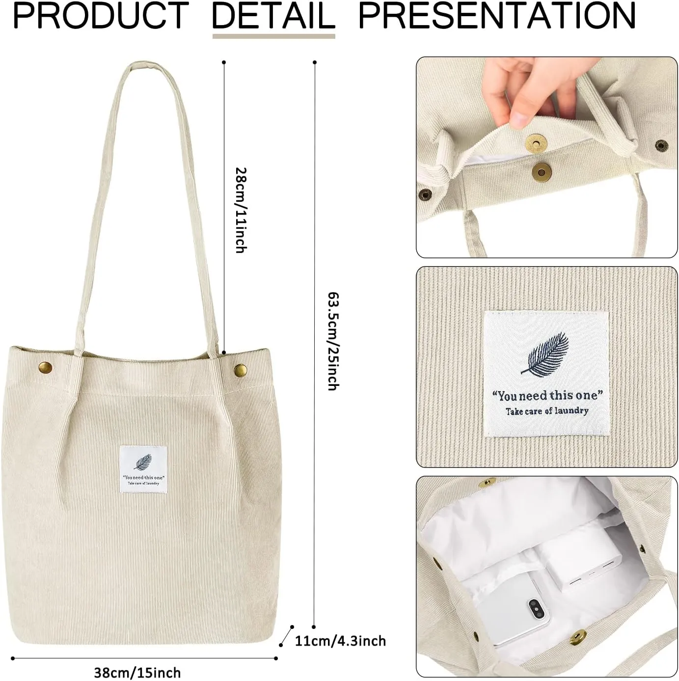Ayieyill Corduroy Tote Bag for Women Canvas Shoulder Cord Purse with Inner Pocket