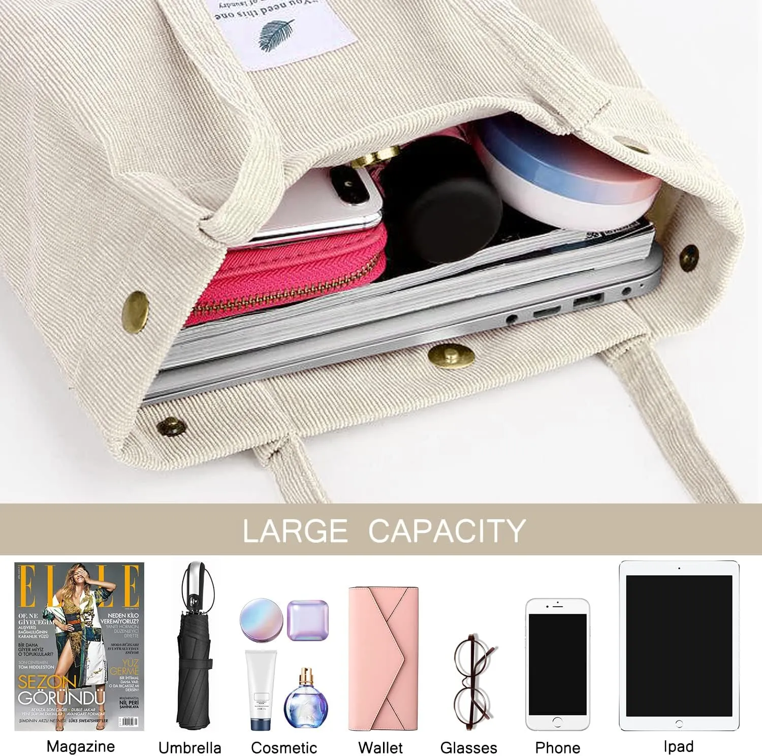 Ayieyill Corduroy Tote Bag for Women Canvas Shoulder Cord Purse with Inner Pocket