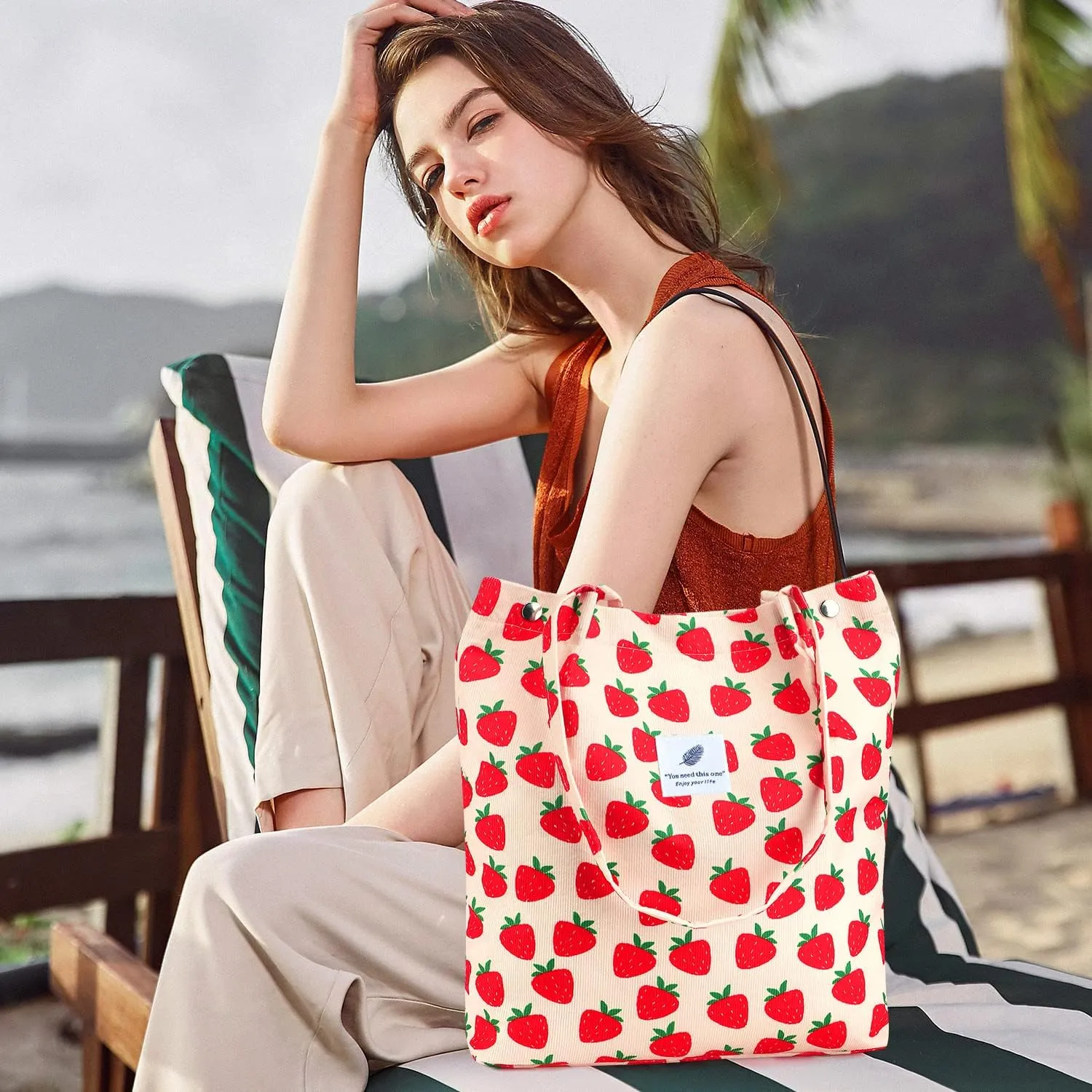 Ayieyill Corduroy Tote Bag for Women Canvas Shoulder Cord Purse with Inner Pocket