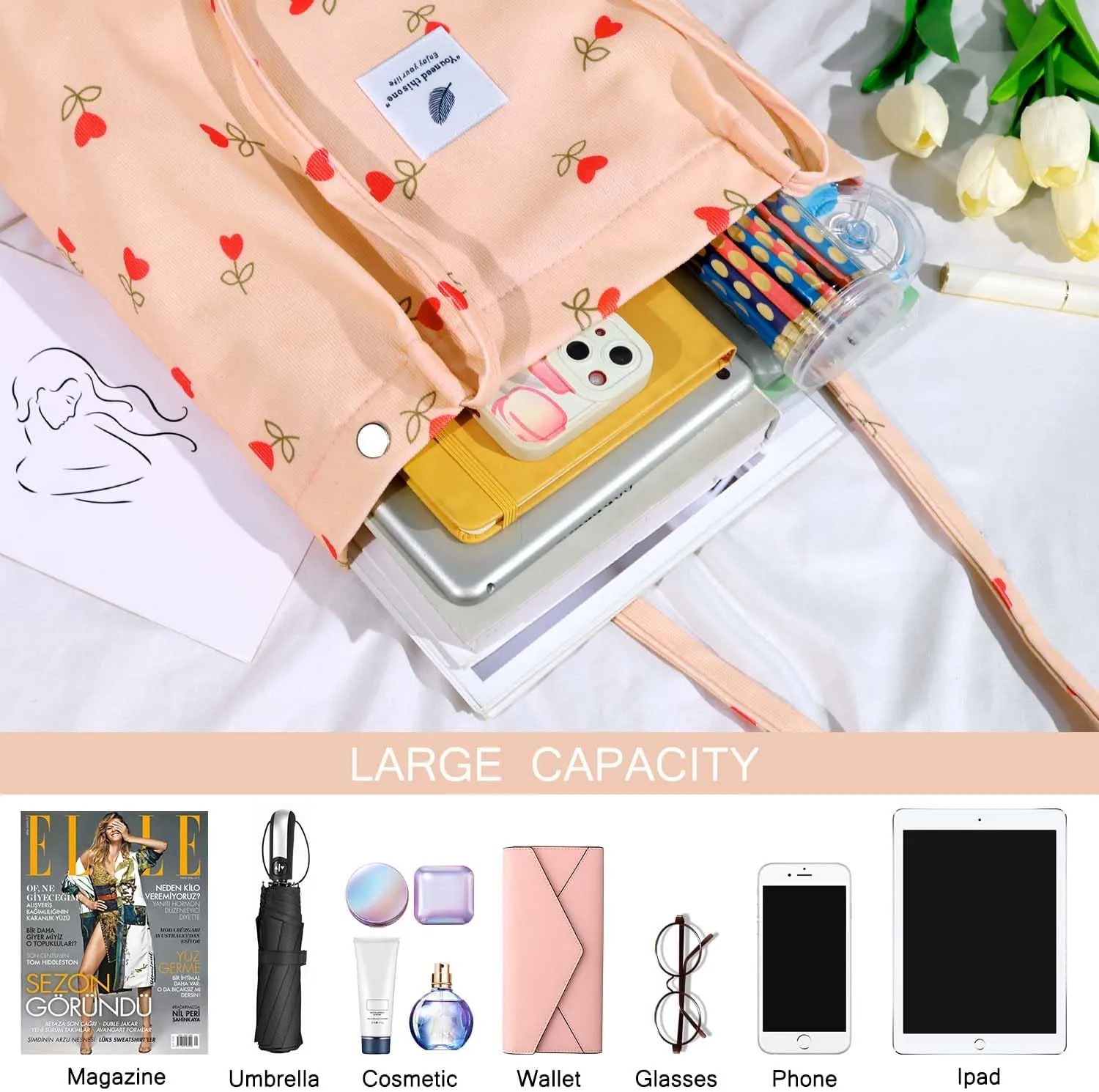 Ayieyill Corduroy Tote Bag for Women Canvas Shoulder Cord Purse with Inner Pocket