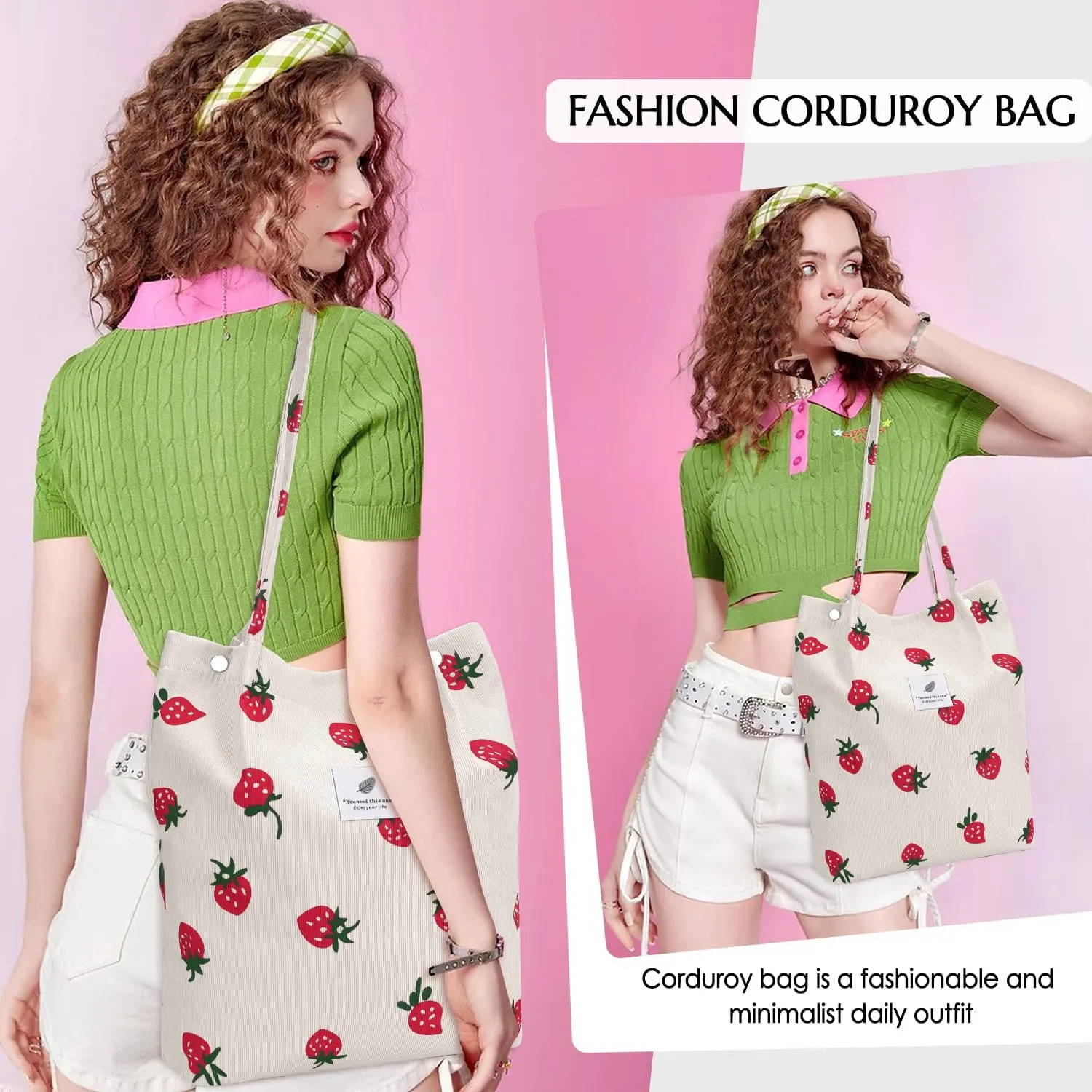 Ayieyill Corduroy Tote Bag for Women Canvas Shoulder Cord Purse with Inner Pocket