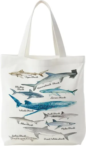 Beach Tote Bag, Species of Sharks Canvas Tote Bags for Women