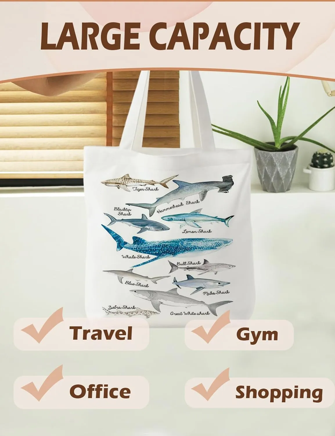 Beach Tote Bag, Species of Sharks Canvas Tote Bags for Women