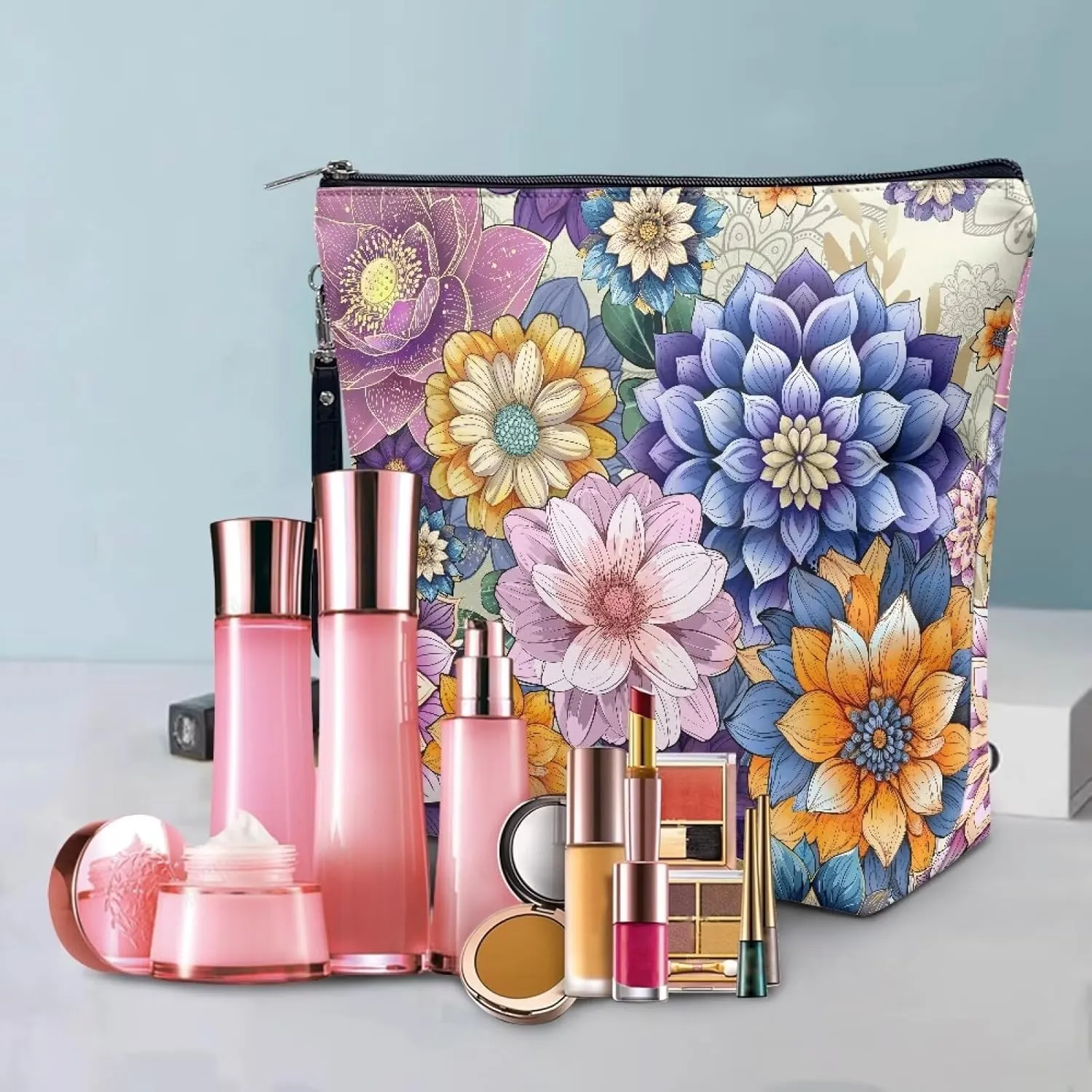 Boho Mandala Flowers Printed Makeup Bag Large Zipper Make Up Pouch for Purse Travel Accessories Cute Cartoon Printed Cosmetic Organizer Brush Storage for Women