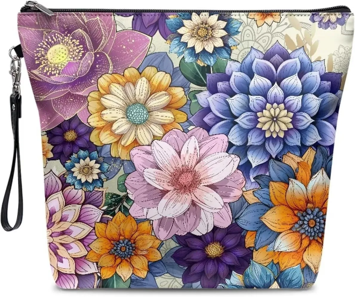 Boho Mandala Flowers Printed Makeup Bag Large Zipper Make Up Pouch for Purse Travel Accessories Cute Cartoon Printed Cosmetic Organizer Brush Storage for Women