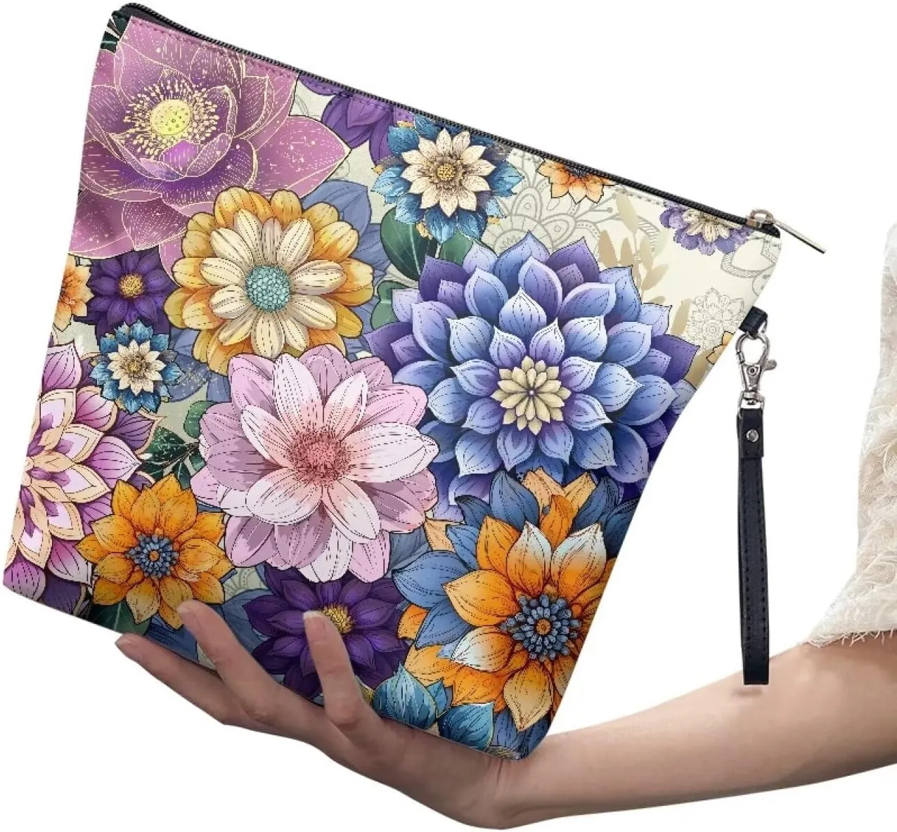Boho Mandala Flowers Printed Makeup Bag Large Zipper Make Up Pouch for Purse Travel Accessories Cute Cartoon Printed Cosmetic Organizer Brush Storage for Women