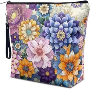 Boho Mandala Flowers Printed Makeup Bag Large Zipper Make Up Pouch for Purse Travel Accessories Cute Cartoon Printed Cosmetic Organizer Brush Storage for Women