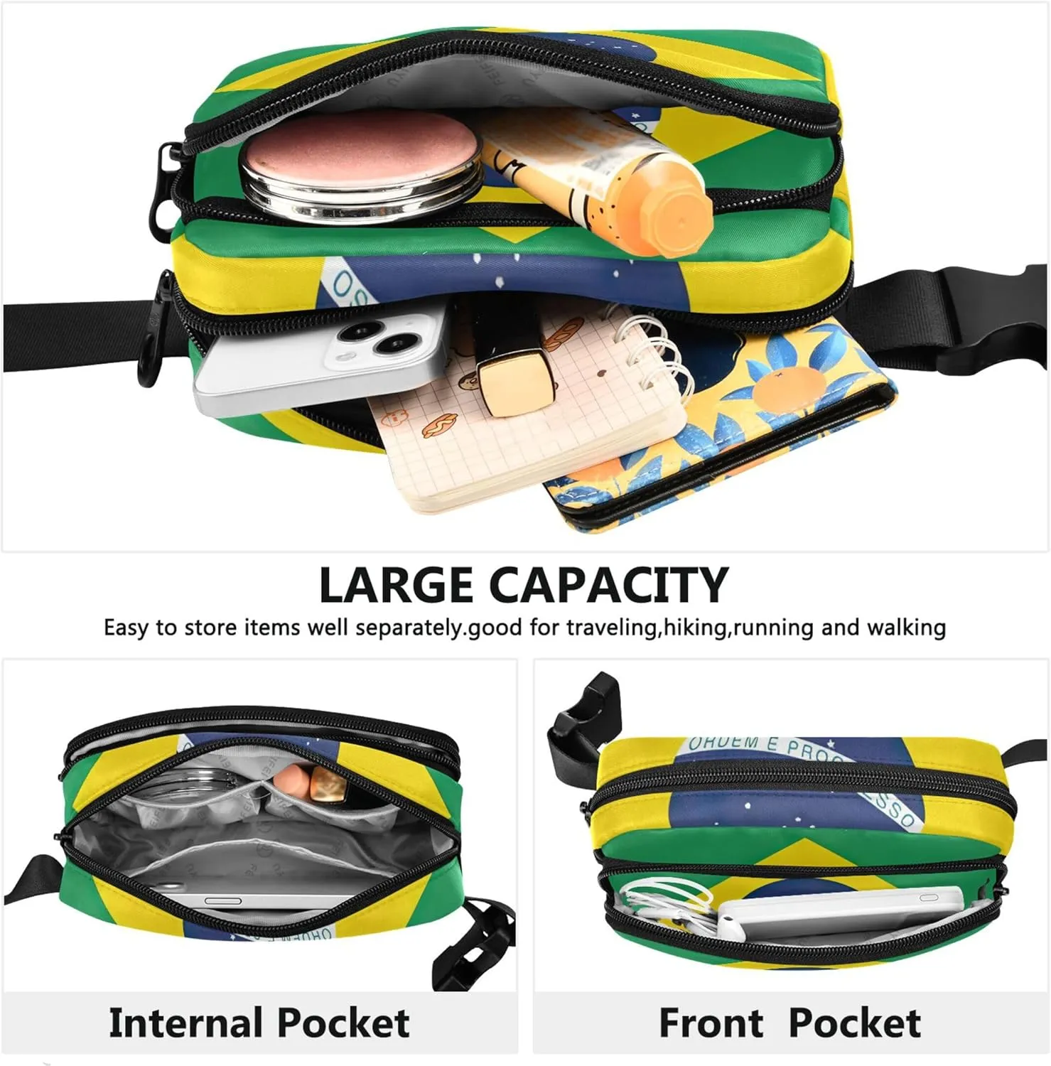 Brazil Flag Fanny Packs for Women Hiking Belt Bag Hip Pouch Waterproof Travel Waist Pouch