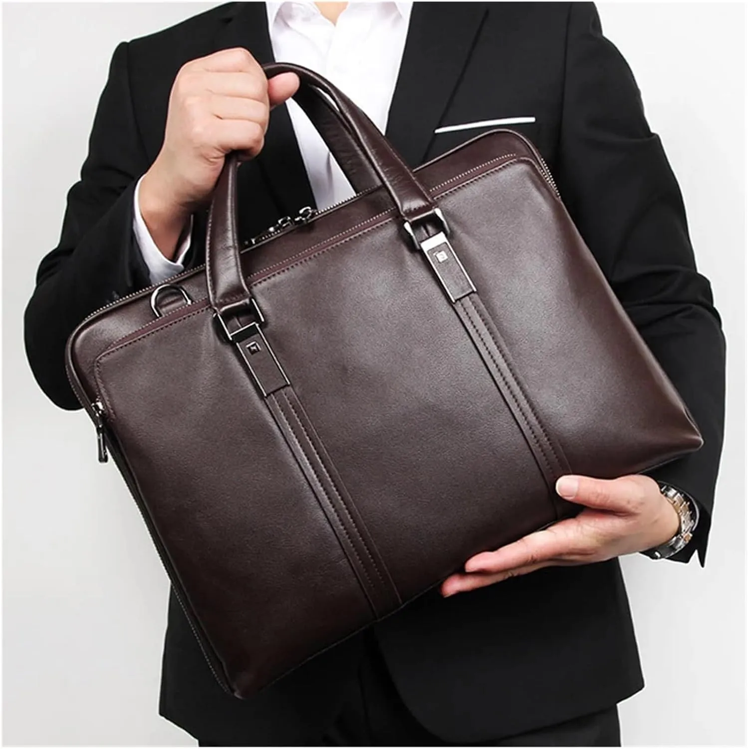 Briefcases Genuine Leather Briefcase Men Leather Business Bag 15.6" Laptop Bag 14 Male Office Bag(Coffee)