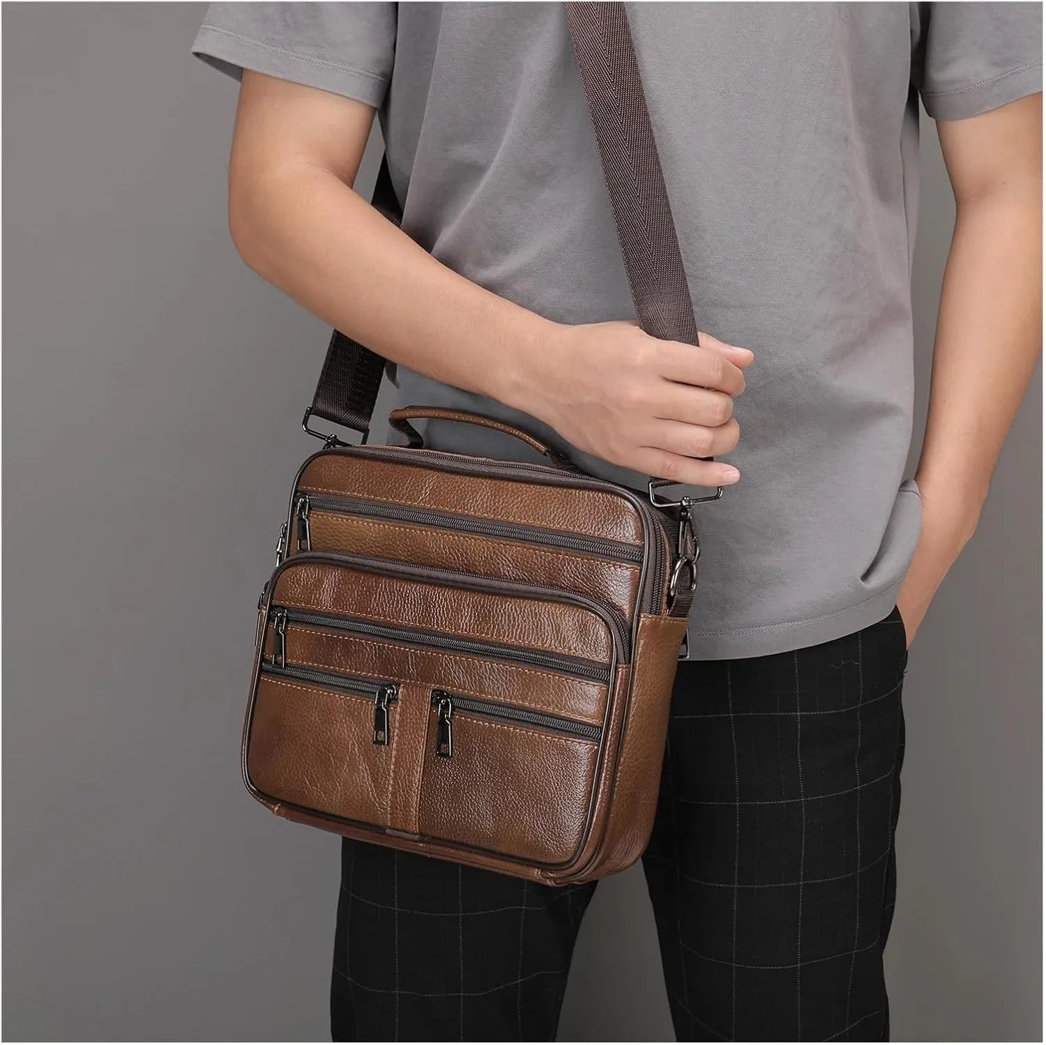 Briefcases Genuine Leather Shoulder Bag for Men Black Handbag for Men Business Office Messenger Bag(Black)
