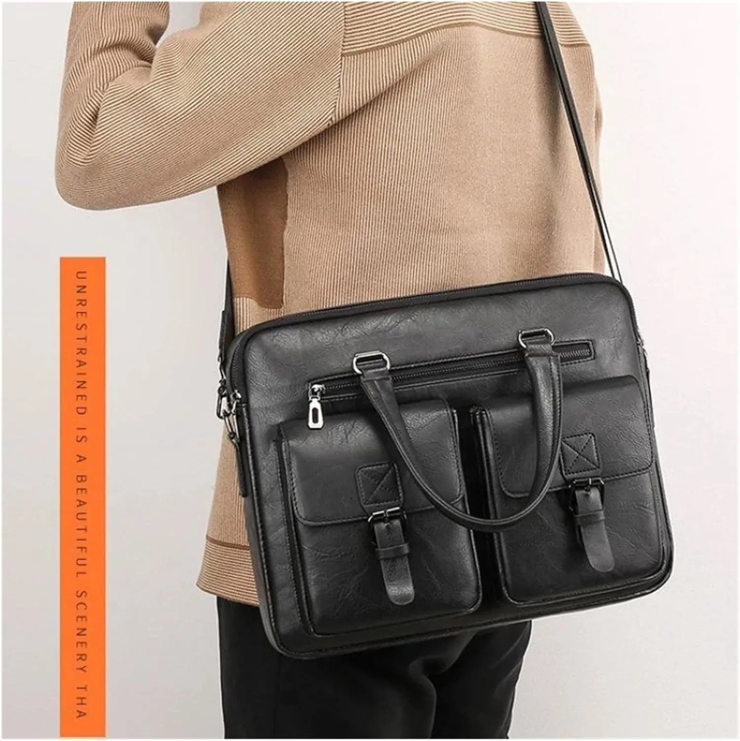Briefcases Men's Business Briefcase Bag Leather Office Tote Bags for 14 Inch Laptop Large Capacity Bag(Black)