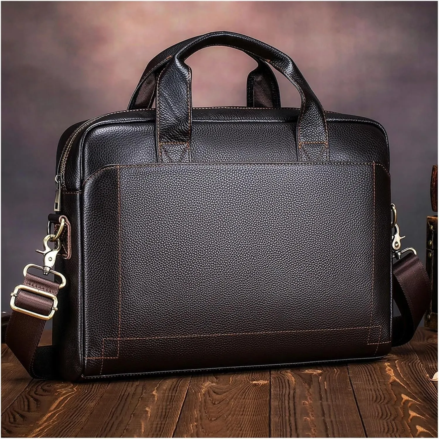 Briefcases Men's Leather Handbag, Cowhide Briefcase, Leather Laptop Bag, Diagonal Cross Office Bag(Coffee)
