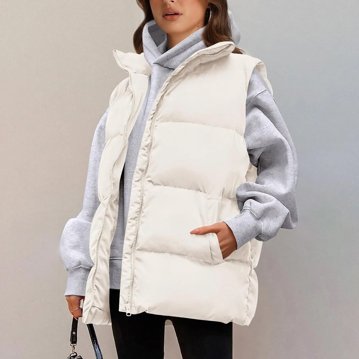 Bubble Puffer Vest Women Oversized Winter Warm Zip Up Jacket Coat Fall Casual Sleeveless Stand Collar Quilted Outwear