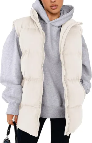 Bubble Puffer Vest Women Oversized Winter Warm Zip Up Jacket Coat Fall Casual Sleeveless Stand Collar Quilted Outwear