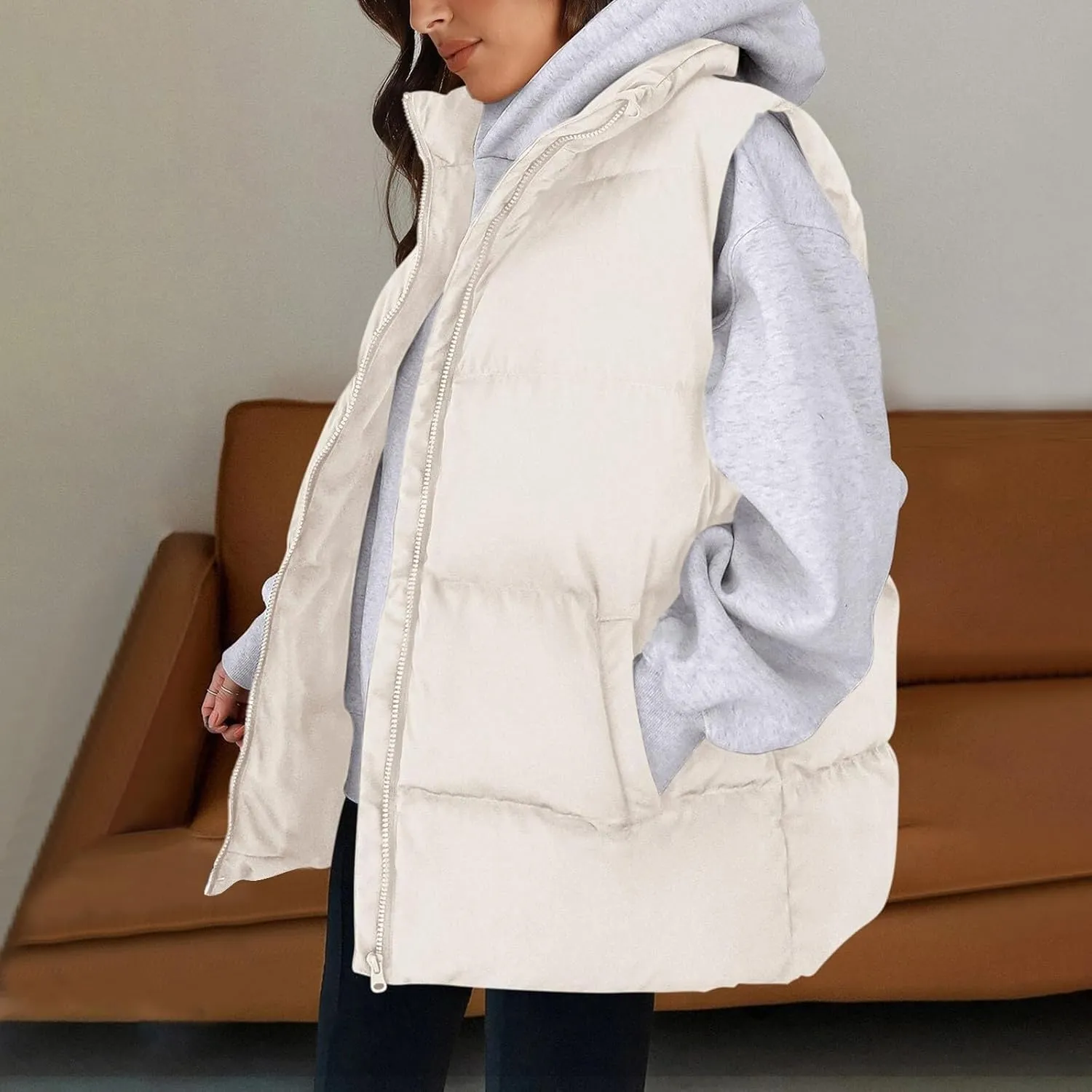 Bubble Puffer Vest Women Oversized Winter Warm Zip Up Jacket Coat Fall Casual Sleeveless Stand Collar Quilted Outwear