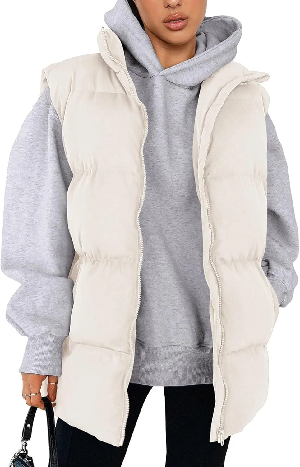 Bubble Puffer Vest Women Oversized Winter Warm Zip Up Jacket Coat Fall Casual Sleeveless Stand Collar Quilted Outwear
