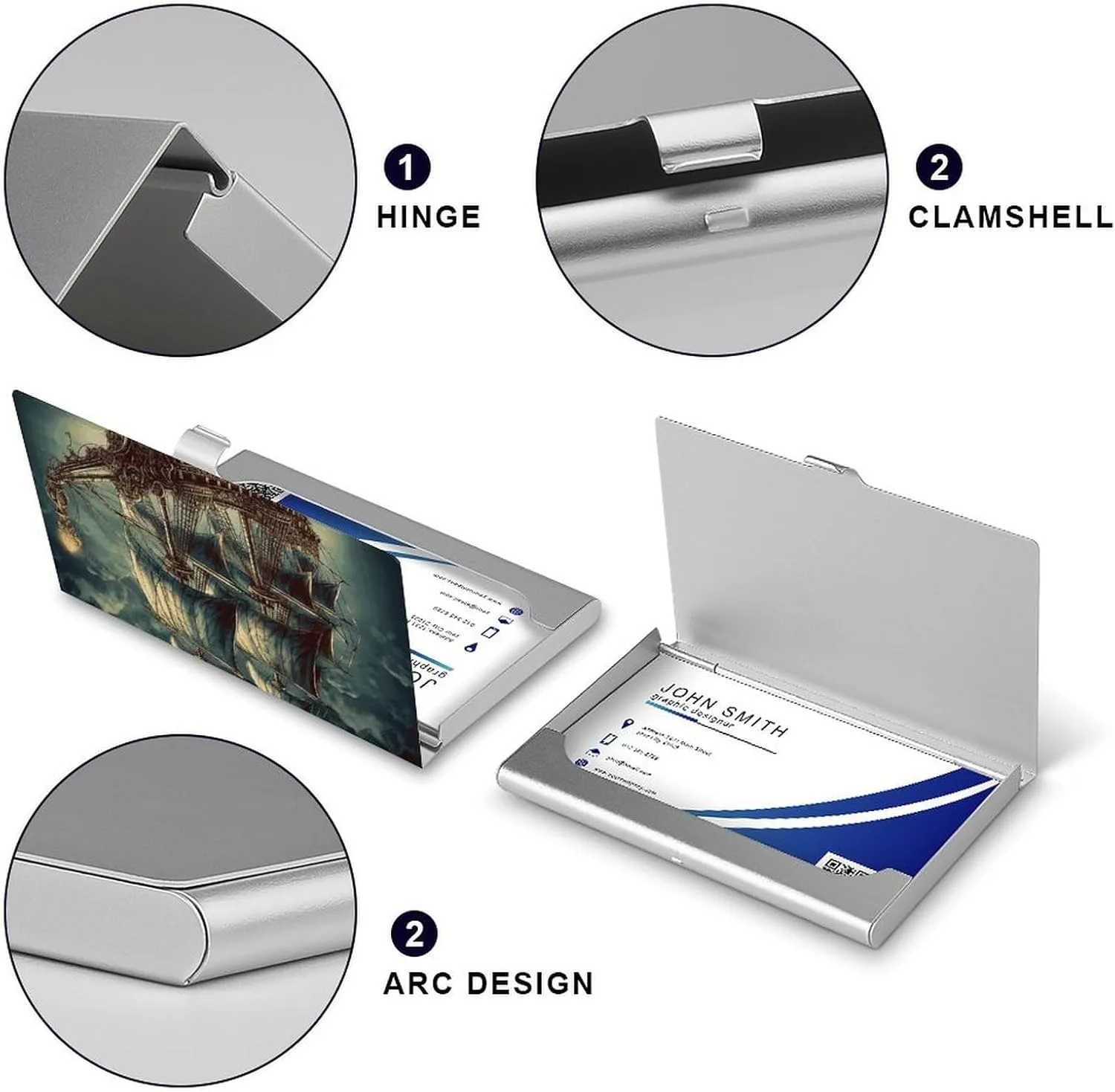 Business Card Holder, Nautical Vintage Sailing Pirate Ship Credit Cards Holder Professional Slim Card Holders Wallet with Buckle Style Shut Aluminum Alloy Metal Business Card Organizer for Men & Women
