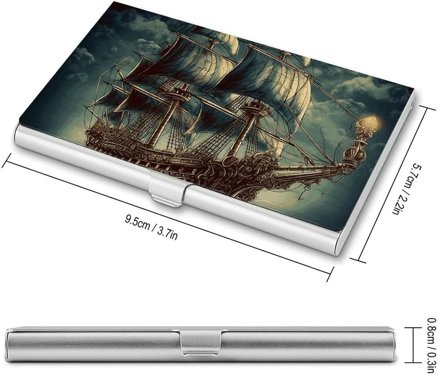 Business Card Holder, Nautical Vintage Sailing Pirate Ship Credit Cards Holder Professional Slim Card Holders Wallet with Buckle Style Shut Aluminum Alloy Metal Business Card Organizer for Men & Women