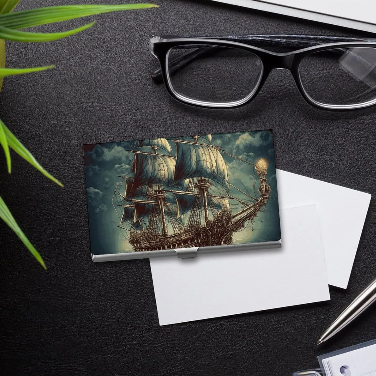 Business Card Holder, Nautical Vintage Sailing Pirate Ship Credit Cards Holder Professional Slim Card Holders Wallet with Buckle Style Shut Aluminum Alloy Metal Business Card Organizer for Men & Women