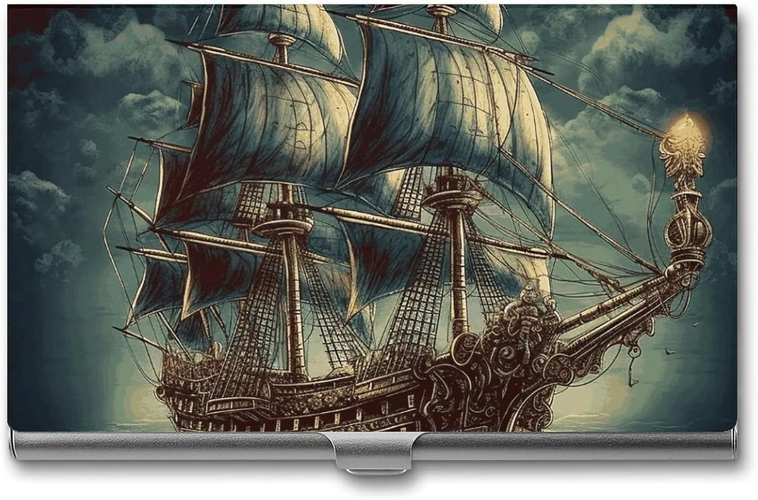 Business Card Holder, Nautical Vintage Sailing Pirate Ship Credit Cards Holder Professional Slim Card Holders Wallet with Buckle Style Shut Aluminum Alloy Metal Business Card Organizer for Men & Women