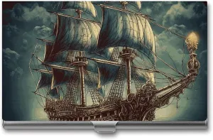Business Card Holder, Nautical Vintage Sailing Pirate Ship Credit Cards Holder Professional Slim Card Holders Wallet with Buckle Style Shut Aluminum Alloy Metal Business Card Organizer for Men & Women
