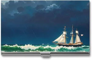 Business Card Holder, Stormy Waves Vintage Sailboat Credit Cards Holder Professional Slim Card Holders Wallet with Buckle Style Shut Aluminum Alloy Metal Business Card Organizer for Men & Women