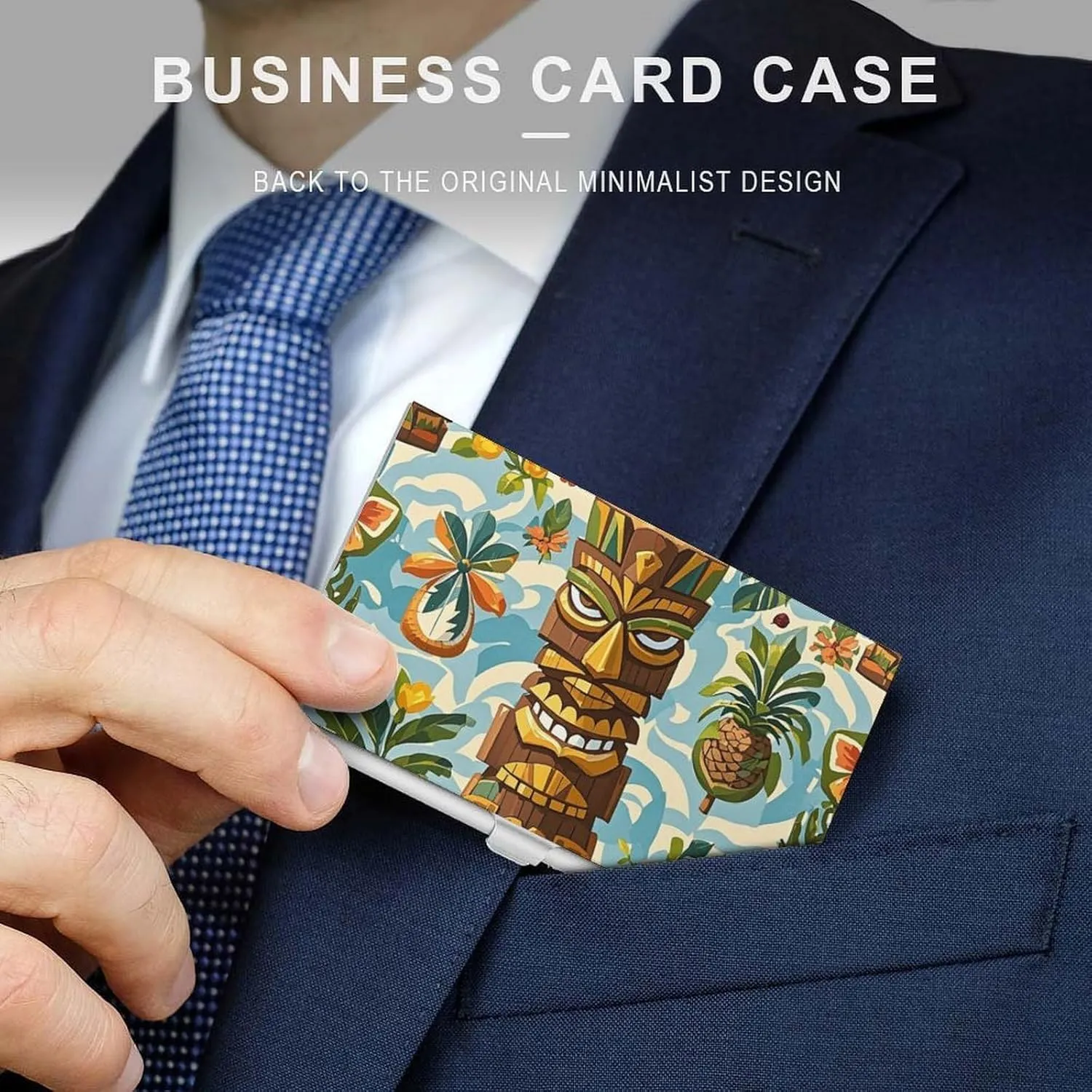 Business Card Holder, Vintage Aloha Tiki Pattern Credit Cards Holder Professional Slim Card Holders Wallet with Buckle Style Shut Aluminum Alloy Metal Business Card Organizer for Men & Women