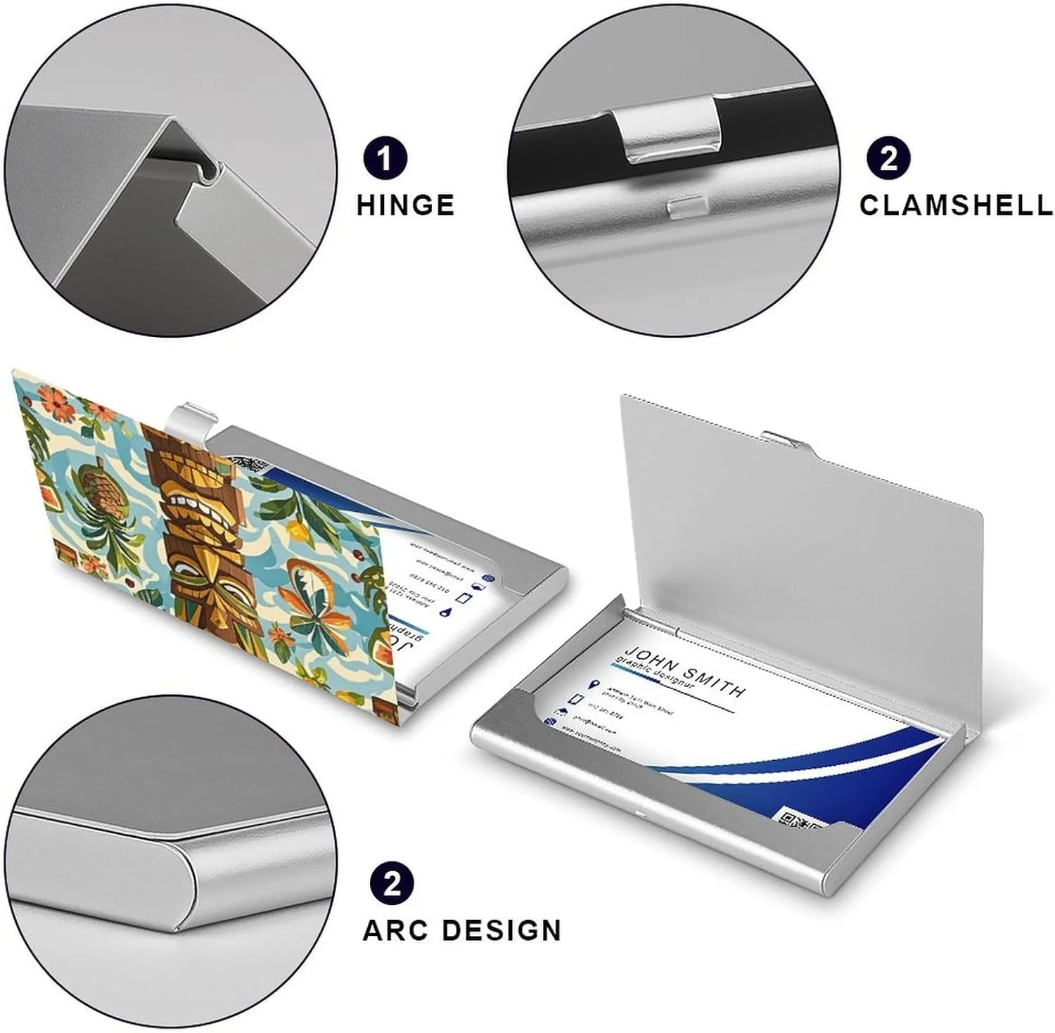 Business Card Holder, Vintage Aloha Tiki Pattern Credit Cards Holder Professional Slim Card Holders Wallet with Buckle Style Shut Aluminum Alloy Metal Business Card Organizer for Men & Women