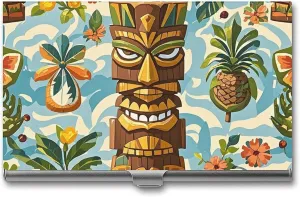 Business Card Holder, Vintage Aloha Tiki Pattern Credit Cards Holder Professional Slim Card Holders Wallet with Buckle Style Shut Aluminum Alloy Metal Business Card Organizer for Men & Women