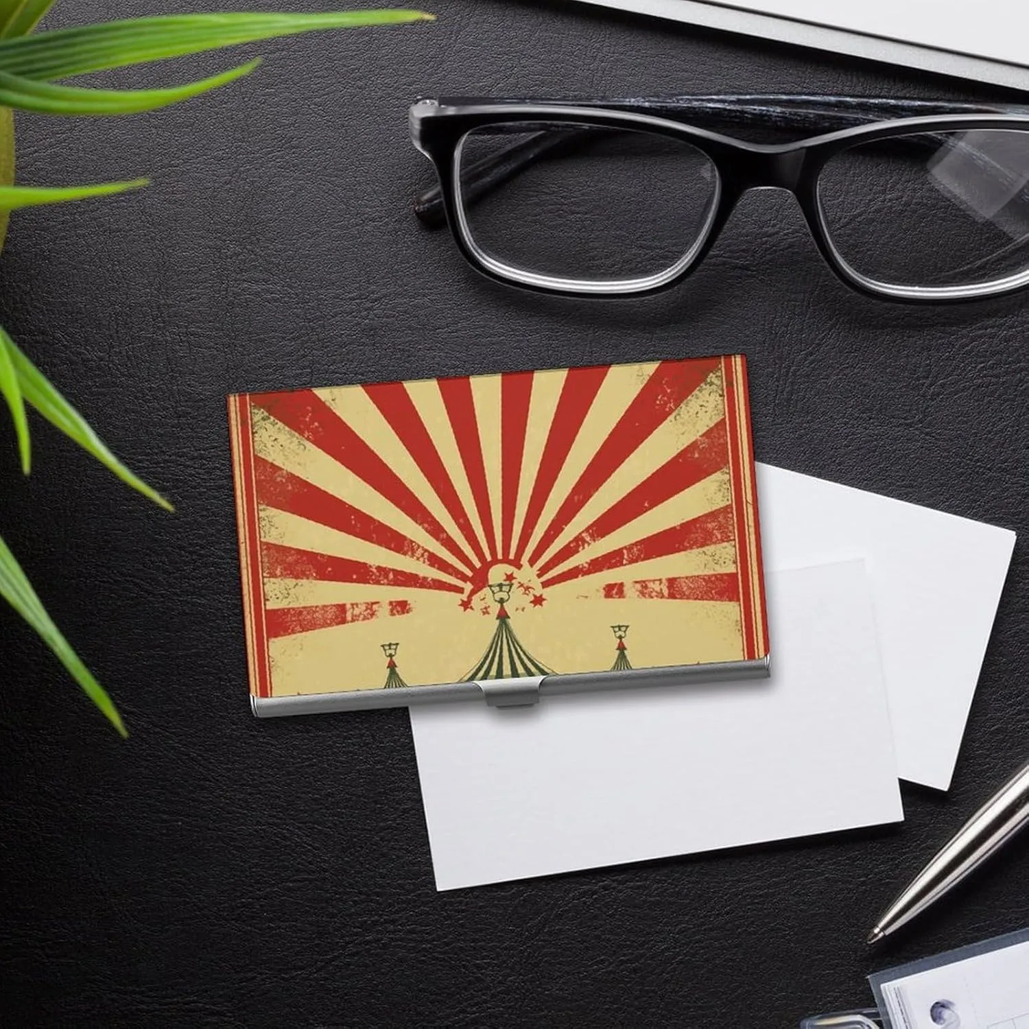 Business Card Holder, Vintage Circus Background Credit Cards Holder Professional Slim Card Holders Wallet with Buckle Style Shut Aluminum Alloy Metal Business Card Organizer for Men & Women